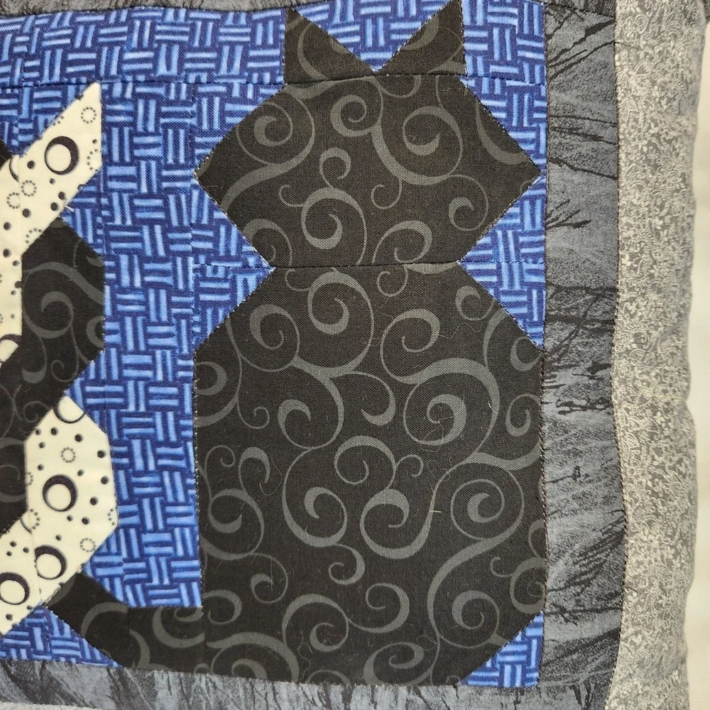 Set of 2 Handmade Quilted‎ Cat Pillows 17x14 Black Blue White Intertwined Tails